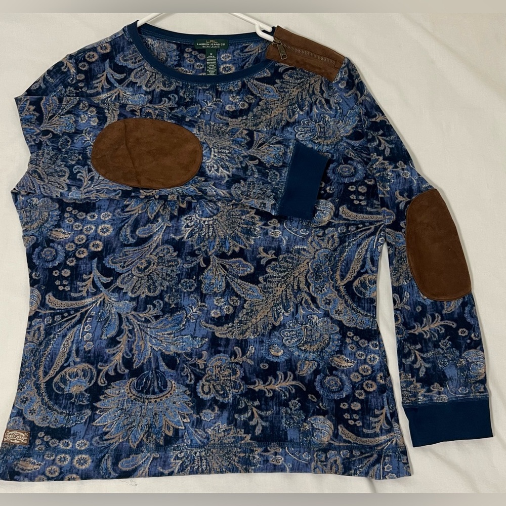LRL Lauren Jeans Co Size 1X Blue Paisley Elbow Patch Top boho equestrian preppy